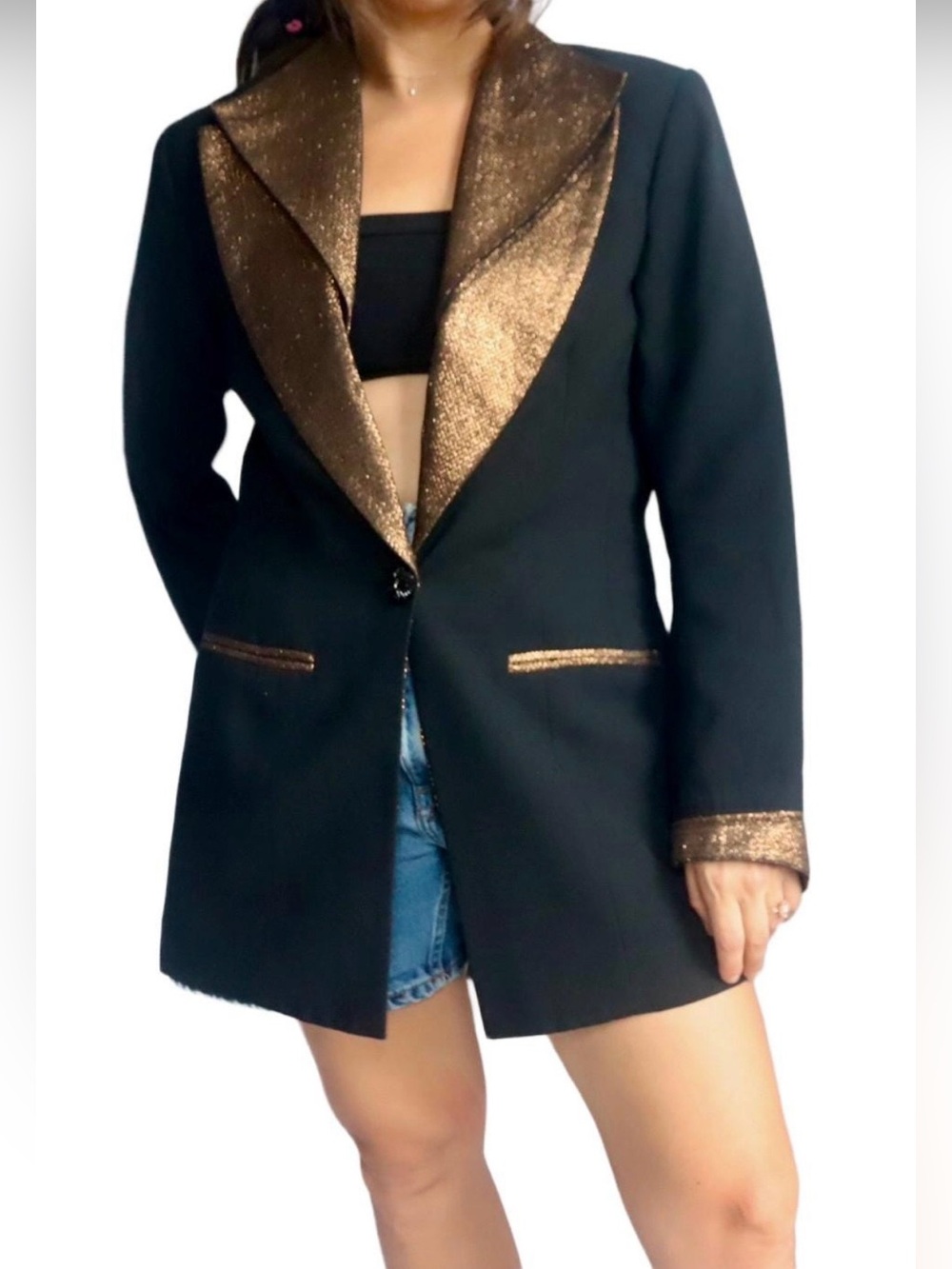 RARE —EVA POLINI Couture Black Bronze Metallic Lapel Blazer